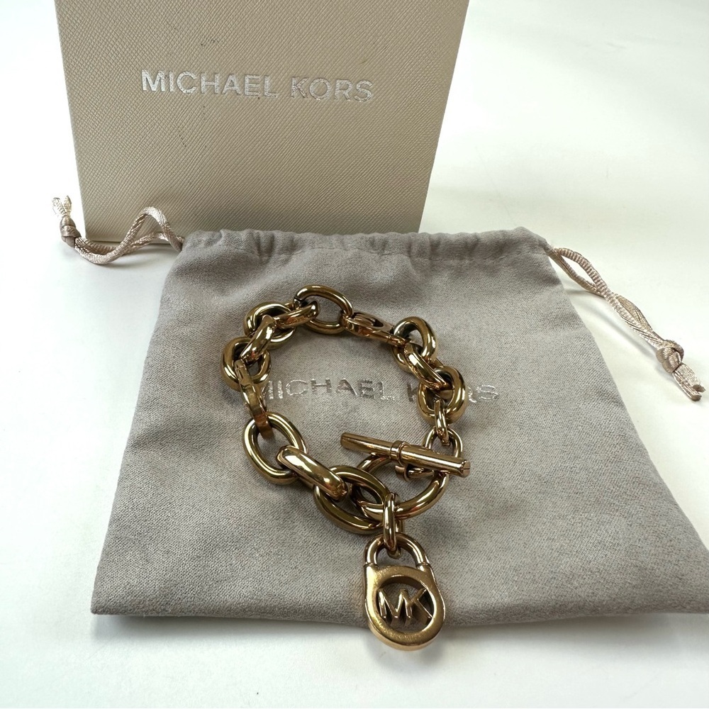 Michael Kors gold tone chunky link logo bracelet NEW pouch in BOX